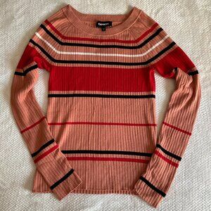 Express Fitted & Ribbed Striped Sweater in Pink, Red, Black & White Size M